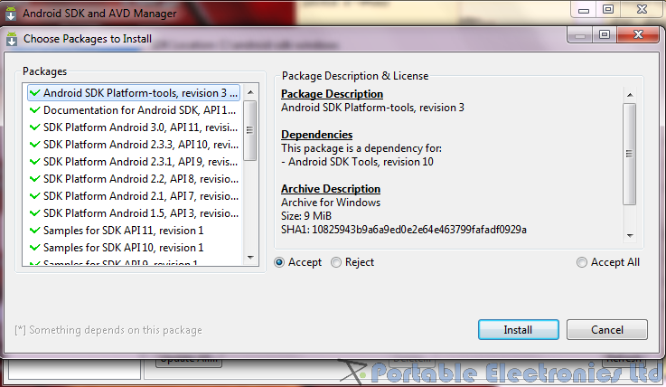 Android SDK package to install